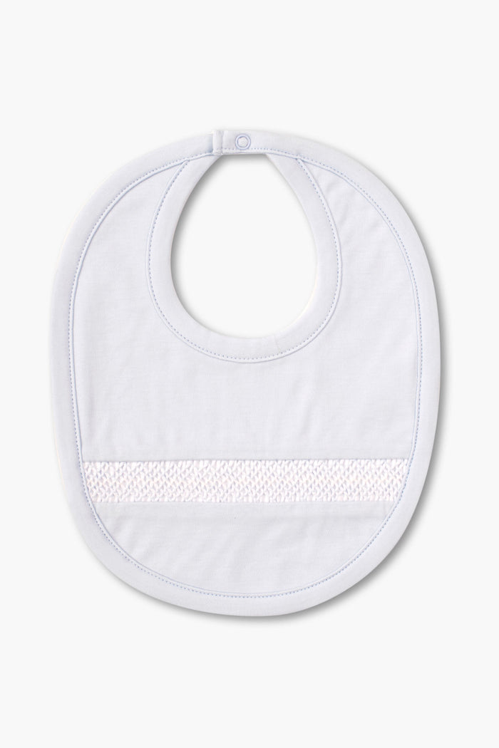 The kissy kissy light blue baby bib is made from soft Pima cotton, features a snap closure, and has a horizontal white textured band across the front.