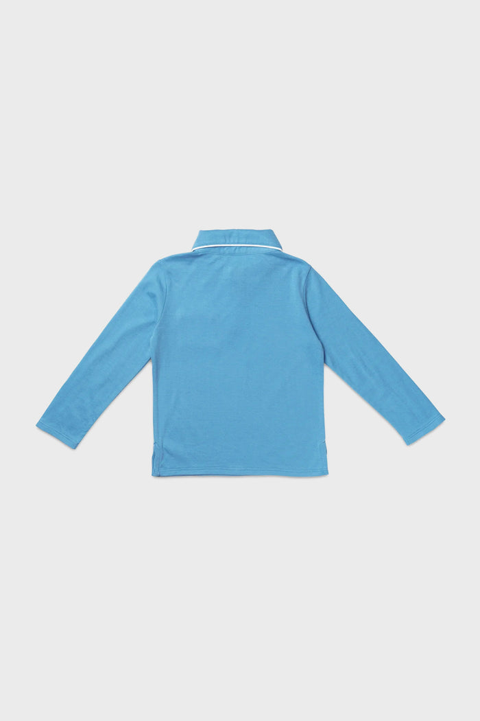 Blue Parker Polo in soft Float Jersey™, featuring classic long sleeves, contrast piping, and a patch pocket. Effortlessly combines fun and high-end style for versatile wear.