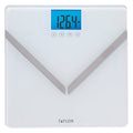 White glass body composition scale with eight user recognition and blue backlit display