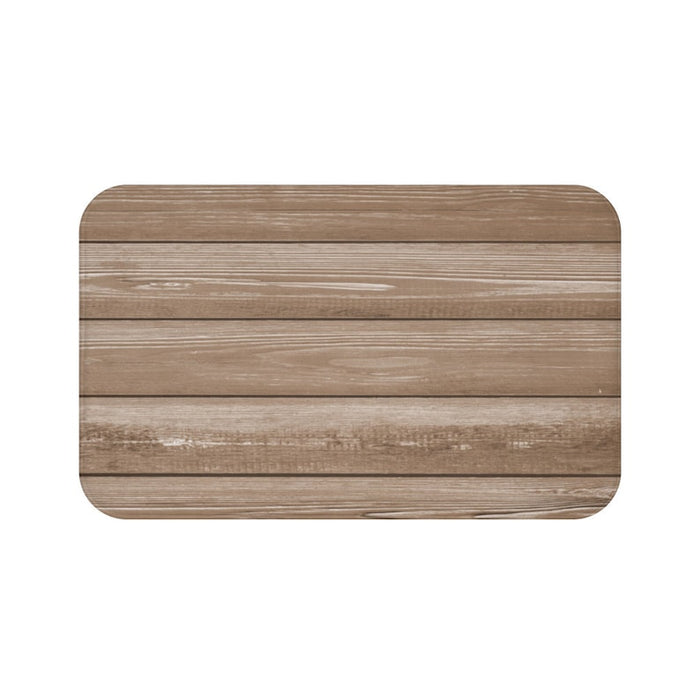 A rectangular brown memory foam mat with a wood-like pattern, featuring anti-slip backing.
