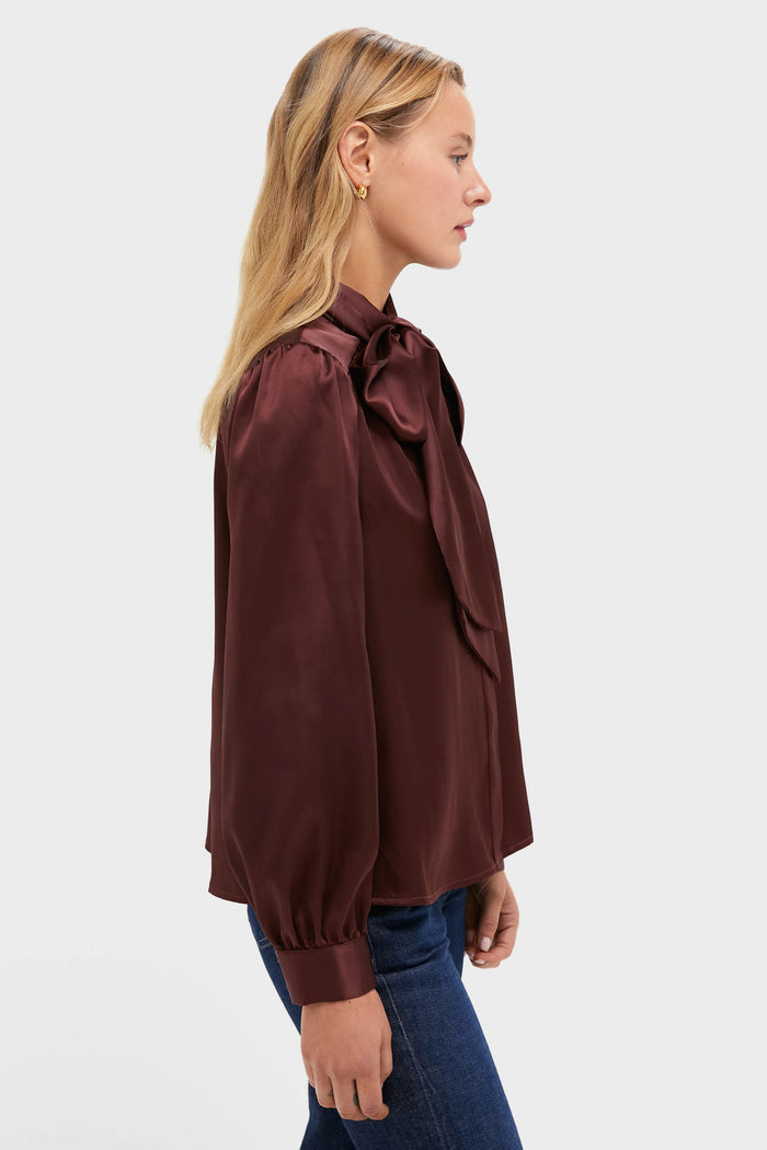 Chocolate Satin Brianna Bow Blouse