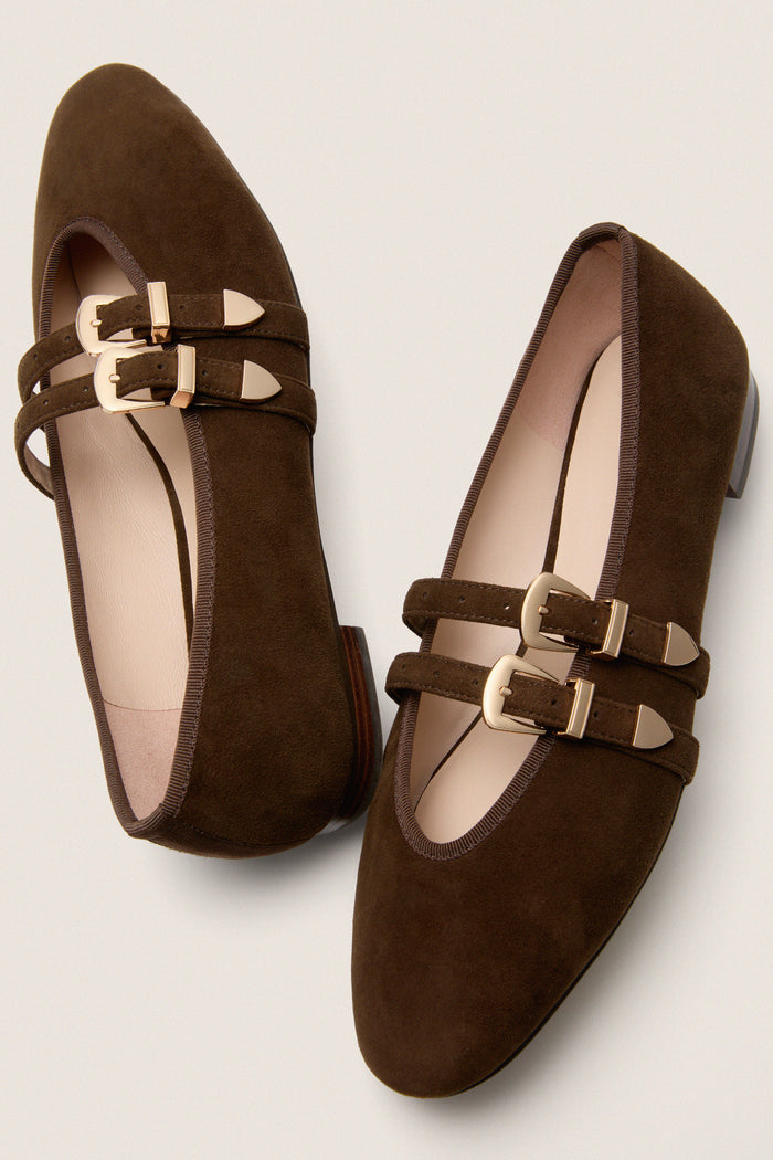 Chocolate Suede Buckle Nina Flats