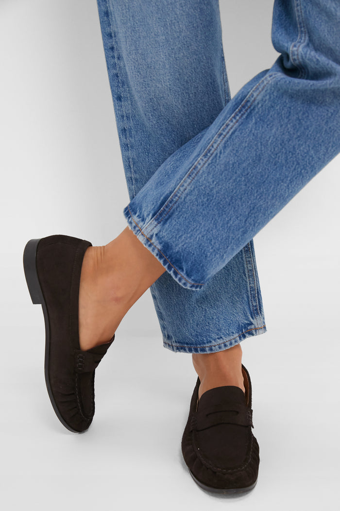 Classic Chocolate Suede Vivian Loafers in deep suede, exuding effortless style with moccasin stitching. Ideal for a fun, high-end look, perfect with jeans or blazers.