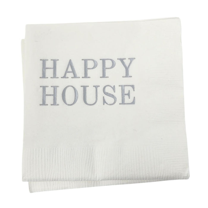 Happy House white cocktail napkins with silver font.