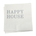 Happy House white cocktail napkins with silver font.