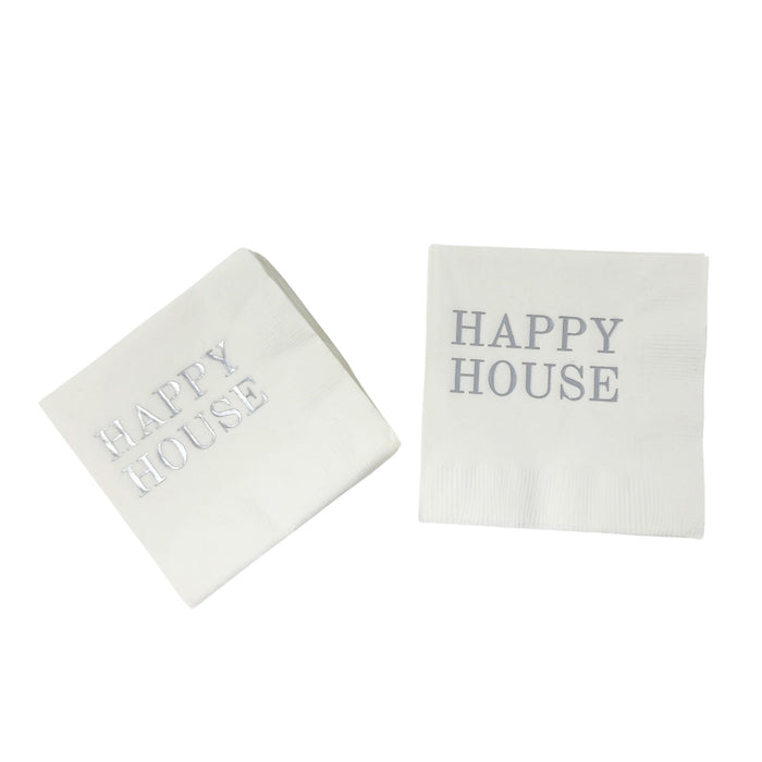 Happy House white paper cocktail napkins.