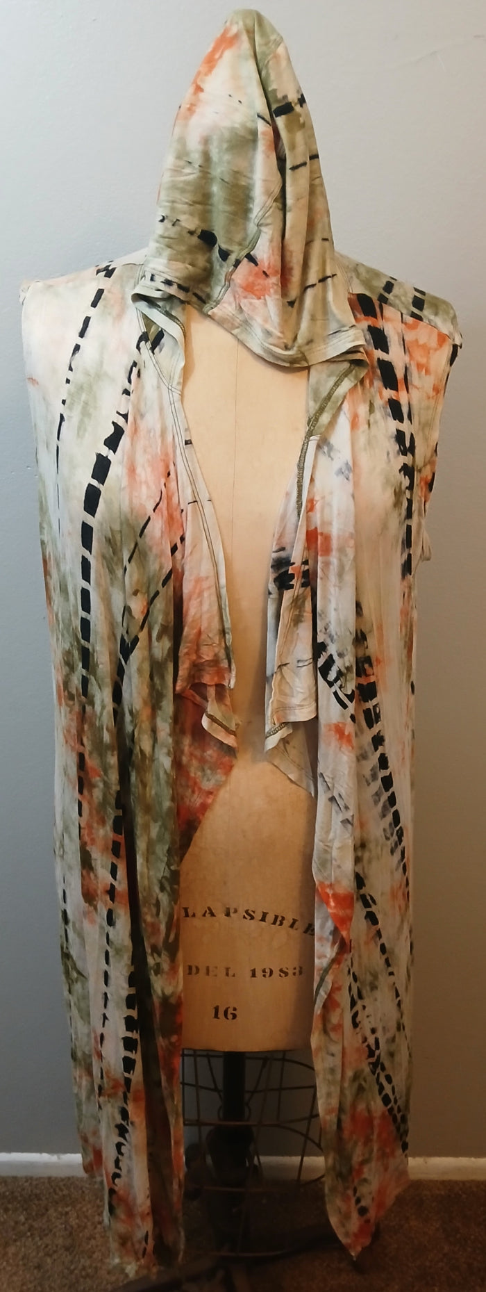 COIN 1804 XXL Long Sleeveless Multicolor Tie Dye Hooded Lightweight Layering Duster
