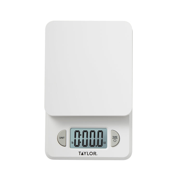 Close up of a white compact digital kitchen scale top with rounded corners