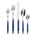 The Capdeco Conty Flatware 5 Piece Setting features two forks, a knife, a soup spoon, and a teaspoon with shiny silver heads and blue handles, arranged upright in a row on a white background.