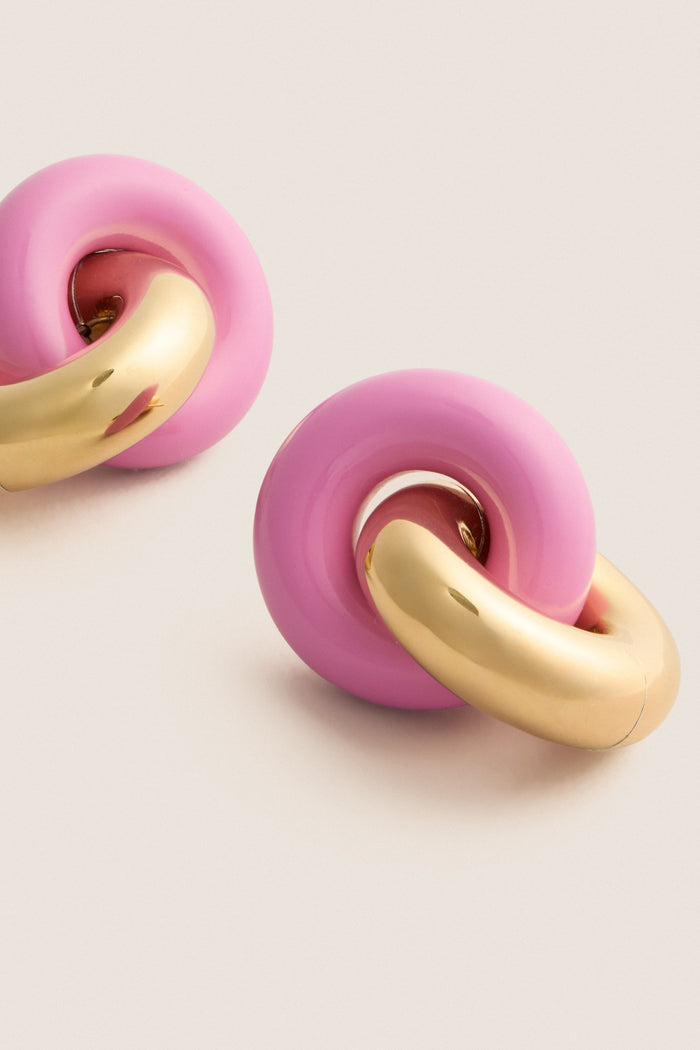 Cotton Candy and Gold Cumulus Earrings: Classic, high-end knot-style hoops featuring glossy pink resin and polished gold-tone loops, embodying effortless fun.