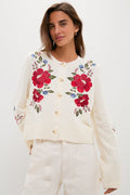 Cream Flowers Embroidered Knit Cardigan: A classic, effortless piece with floral embroidery, button-front, and ribbed finishes, epitomizing high-end, fun style. Perfect for versatile, chic layering.