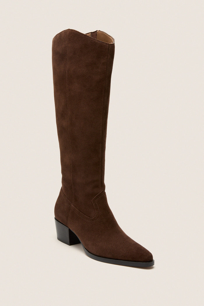 Dark Brown Suede Virona H2O Boots with a classic pointed toe, effortless curved top, and fun stacked block heel, perfect for high-end, all-weather style.