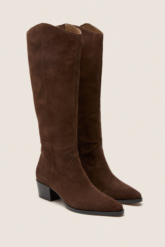 Dark Brown Suede Virona H2O Boots, classic riding-style with pointed toes and block heels, offer effortless, high-end style for fun, versatile wear in any weather.