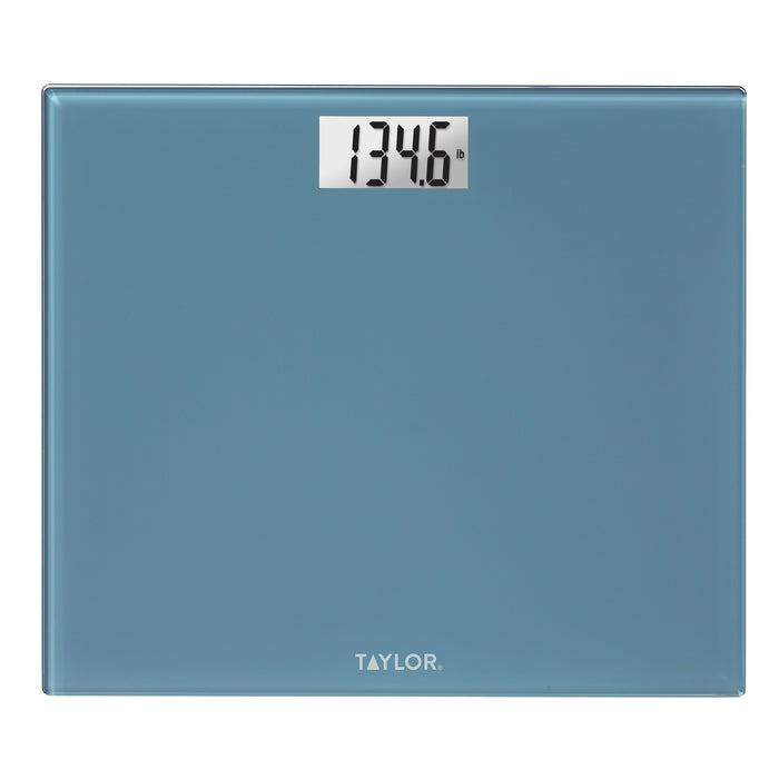 Slate blue digital bathroom scale with rounded corners and a large display showing 139.6 lb