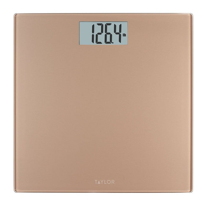 Digital champagne bathroom scale with a centered display showing 126.4 lb