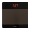 Black digital bathroom scale with glass non slip platform and red LED display reading 126.4 lb