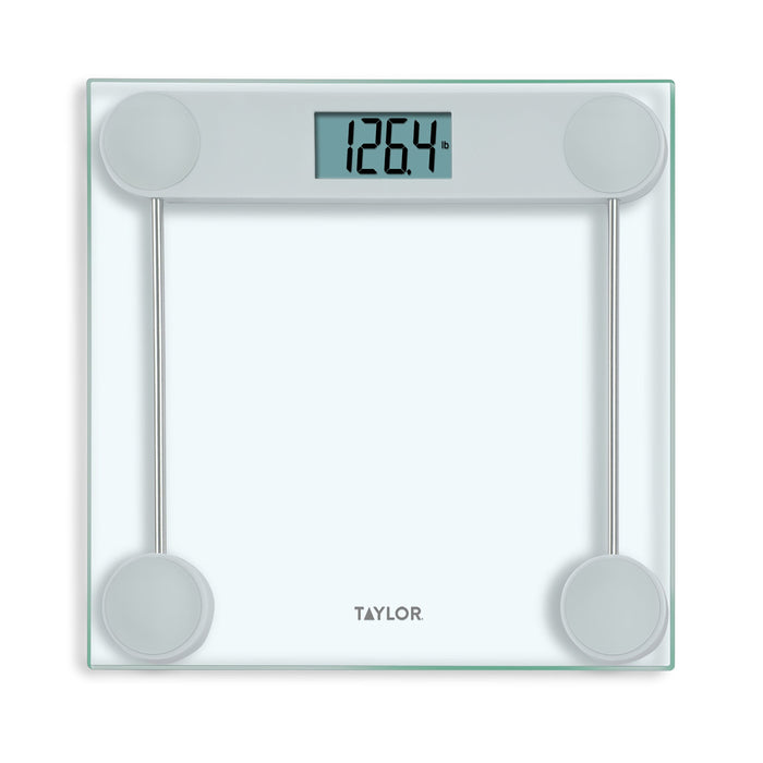 Digital glass scale with clear metal accents and a clean white base