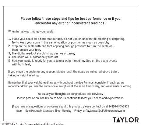 Instruction sheet for scale setup and performance tips printed on a white page.