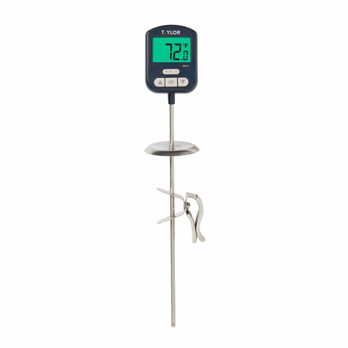 Taylor digital candy thermometer with blue case and long metal probe, display reads 72°F