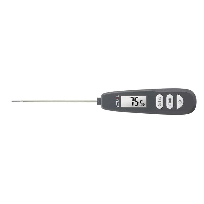 Digital Rapid Response Thermometer with a long stainless steel probe and gray handheld body