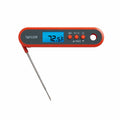 Orange digital waterproof thermometer with folding stainless steel probe and blue display.