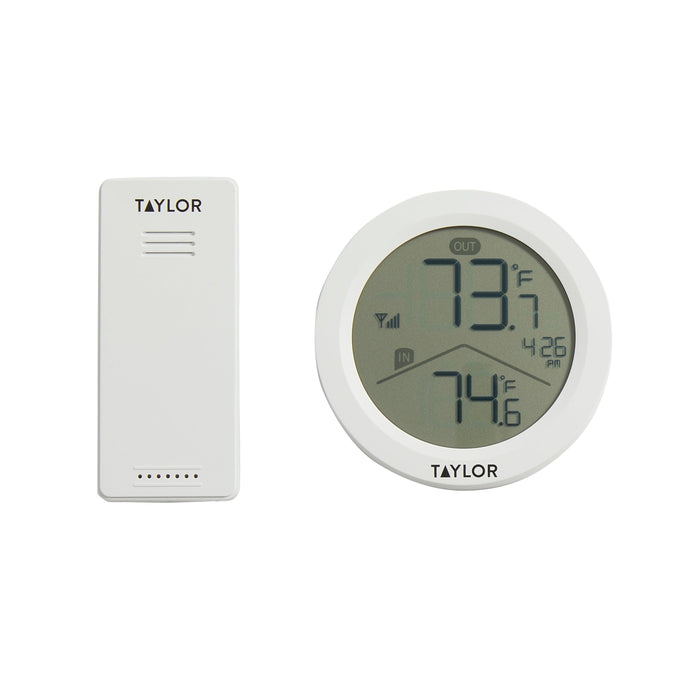 Taylor wireless indoor thermometer and clock with white round display and separate transmitter