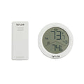 Taylor wireless indoor thermometer and clock with white round display and separate transmitter