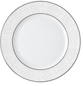 The Bernardaud Dune Dinnerware features a handcrafted white dinner plate with a textured, wavy rim and a thin silver border, inspired by classic Bernardaud designs. The center is plain and smooth for elegant dining.