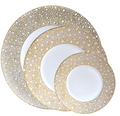 Three round plates from Bernardaud's Ecume Dinnerware Mordore collection display white centers with gold dotted rims, arranged slightly overlapping on a white background.