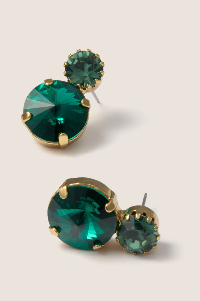 Emerald Myrla Earrings: Classic, high-end stud earrings featuring two green stones in gold-tone settings, offering effortless elegance and fun sparkle for any occasion.