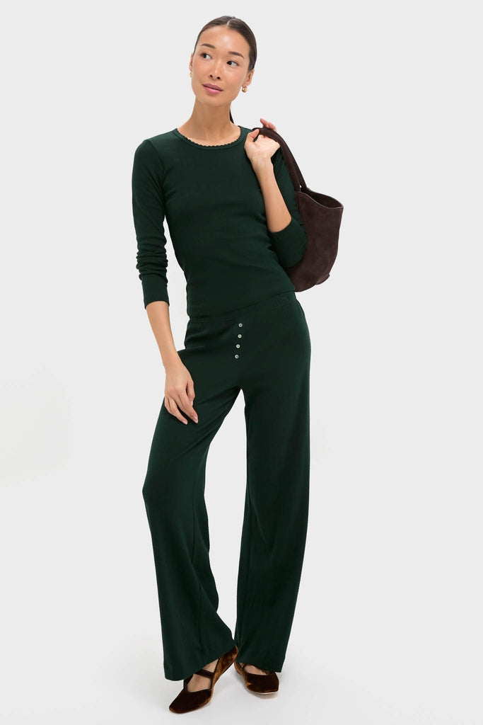 Model wearing the Forest Pointelle Slim Fit Long Sleeve Tee, showcasing classic scalloped edges and eyelet details, paired with matching pants for an effortless, high-end look.