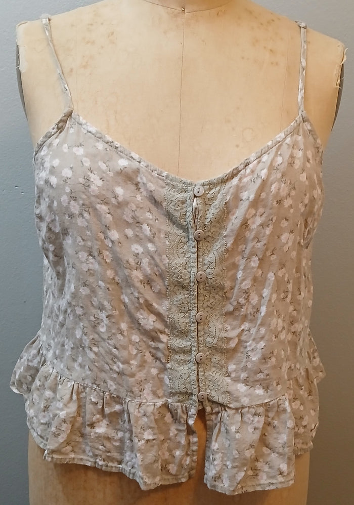 FOREVER 21 XXL Tan White Floral Button Front Spaghetti Strap Peplum Tank Top