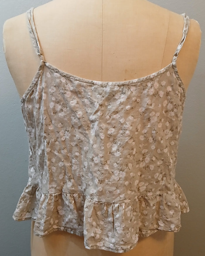 FOREVER 21 XXL Tan White Floral Button Front Spaghetti Strap Peplum Tank Top