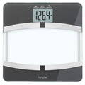 Glass top body composition scale with large digital readout showing 126.4 lb