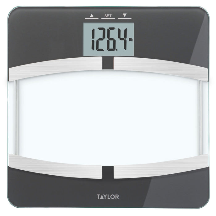 Glass top body composition scale with large digital readout showing 126.4 lb