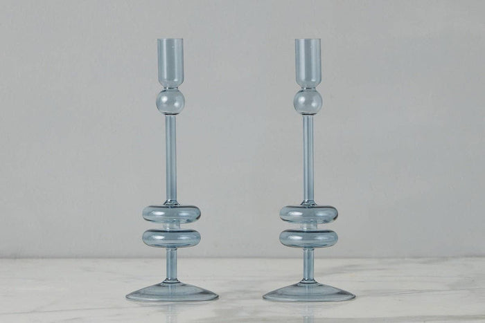 Glass Candlestick Pair, Medium, Denim