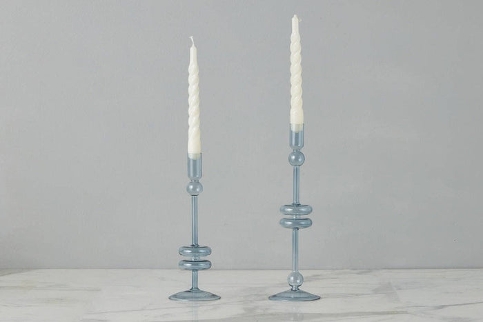 Glass Candlestick Pair, Medium, Denim
