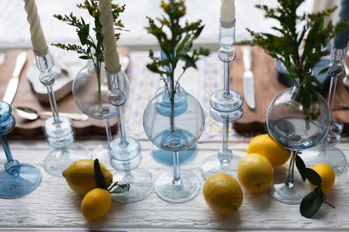 Glass Candlestick Pair, Medium, Denim