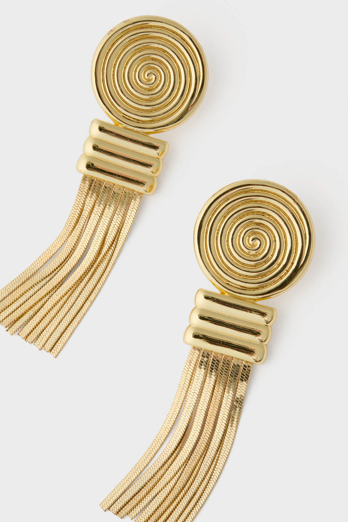 Gold Fringe Louisa Earrings: classic gold-tone statement earrings featuring spiral-etched studs, three-bar connectors, and fine chain tassels; effortlessly fun and high-end accessory for any occasion.