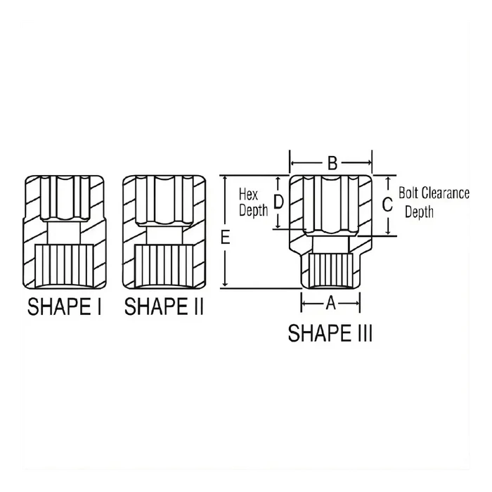 Hexagonal bolt heads diagram for GP #5 spline drive impact socket metric