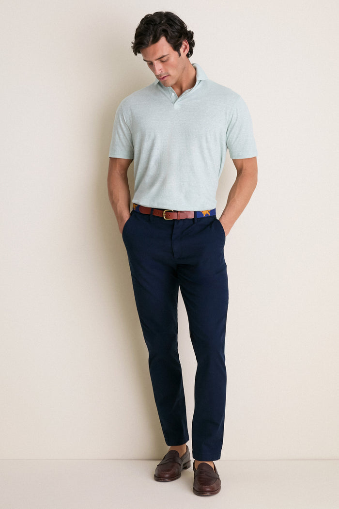 Grandview Linen Sanibel Polo on a male model, showcasing a classic, effortless style with a lightweight fabric, perfect for high-end, fun everyday adventures.