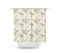 shower curtain with green and pink floral leaves with closed, and mostly closed, flowers.