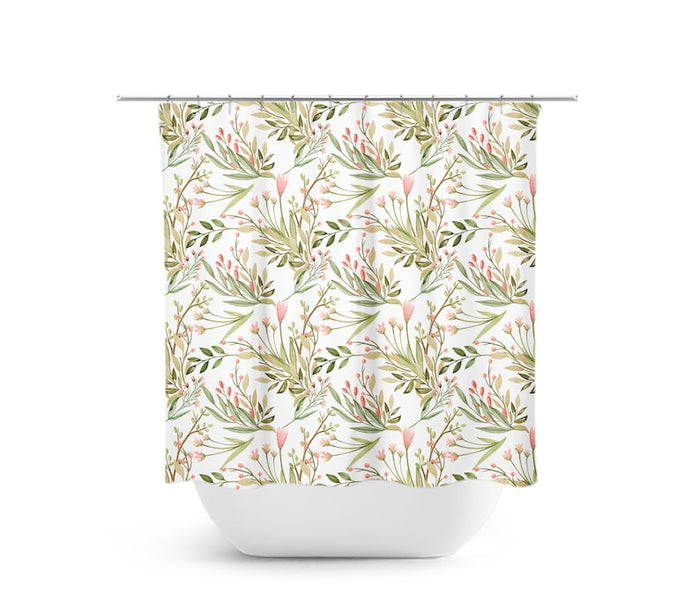 shower curtain with green and pink floral leaves with closed, and mostly closed, flowers.