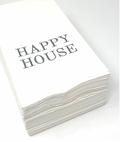 The Print Appeal Guest Hand Towel Pack features white paper hand towels with "HAPPY HOUSE" boldly printed on top—ideal for guest towel holders.