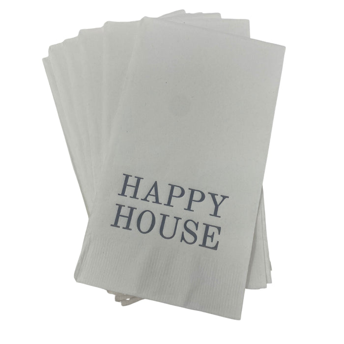 The Print Appeal Guest Hand Towel Pack "Happy House" features white hand towels with "HAPPY HOUSE" printed in gray, perfect for guest towel holders.
