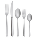 The Sambonet Hannah Antico Flatware 5 Piece Setting, crafted from stainless steel, features a dinner fork, dinner knife, soup spoon, salad fork, and teaspoon arranged side by side on a white background.