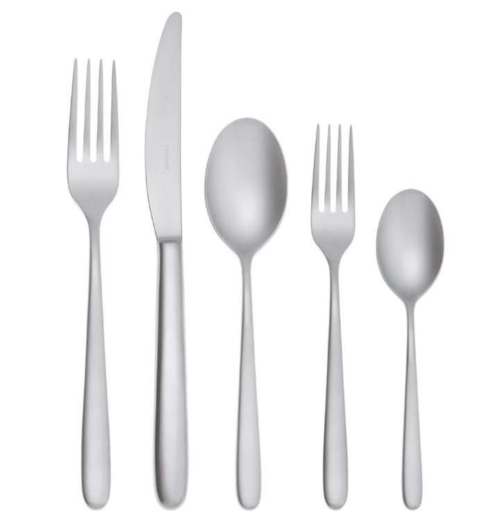 The Sambonet Hannah Antico Flatware 5 Piece Setting, crafted from stainless steel, features a dinner fork, dinner knife, soup spoon, salad fork, and teaspoon arranged side by side on a white background.