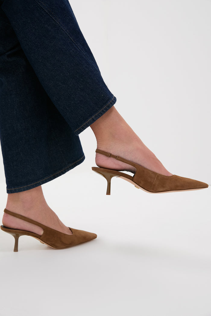 Classic Hazelwood Sling Back Cashel Heels in buttery suede, featuring a chic kitten heel and elastic slingback, offering effortless, high-end style for versatile, fun fashion.