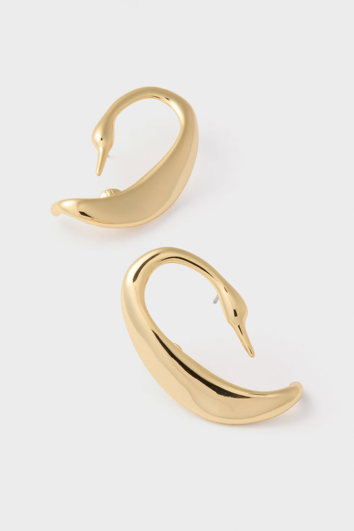 High Polish Gold Egret Climber Earrings sculpted in a swan-neck curve, effortlessly tracing the ear's line with a classic and fun high-end design.
