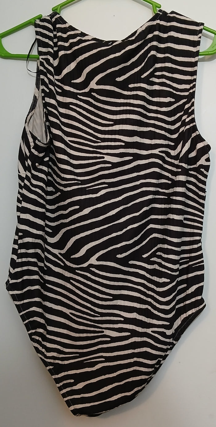 H&M XL Black White Zebra Print Sleeveless Deep V Neck Bodysuit Animal Pattern